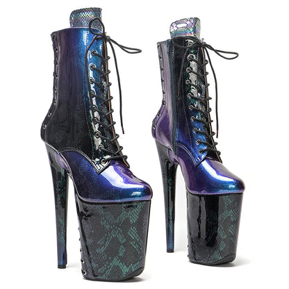 23CM/9inches shinny Snakeskin material lace up sole and upper   High Heels Pole Dance boot
