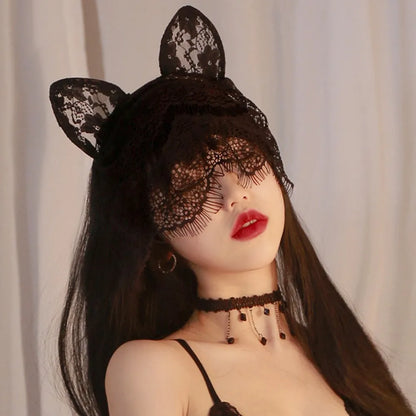 Cosplay Party Masquerade Headwear Lace Veil Cute Cat and Rabbit Ears Cosplay Headband Hairpin Women Squid Game Anime