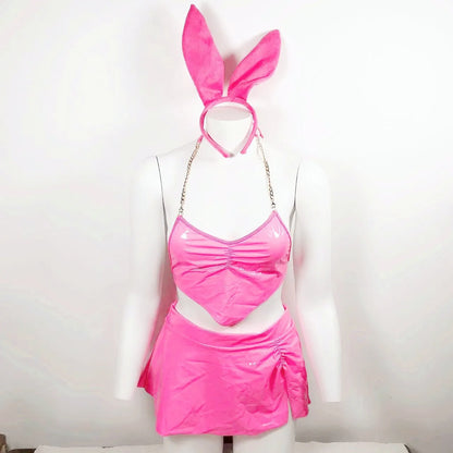 Ellolace Latex Lingerie Neon Pink Underwear Women 3-Piece Bunny Sexy PVC Outfit Sexy Nightclub Leather Erotic Costumes
