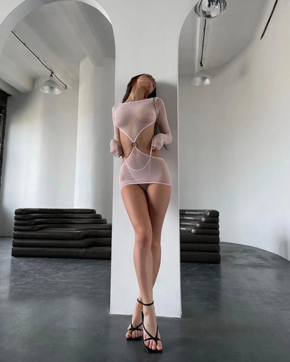 Sensual Lingerie Transparent Babydoll Sheer Mesh Cutout Waist Dress Hot  Outfit Uncensored Tulle  Costume