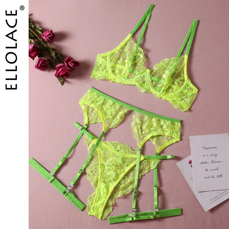 Neon Green Fancy Lingerie  Luxury Transparent Bra Intimate Push Lace  Women Without Censorship Underwear