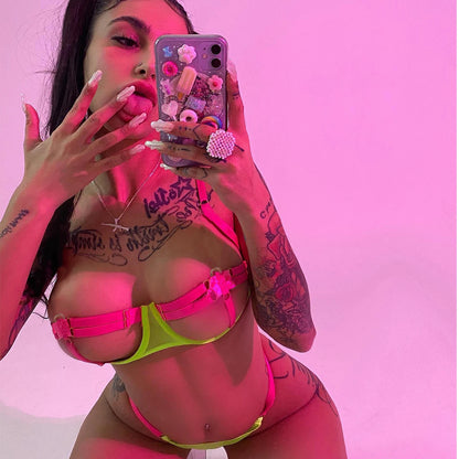 Lingerie Sexy Hollow Out 4-Piece Exotic Costumes Sensual See Through Setup For Woman Neon Green Outfits