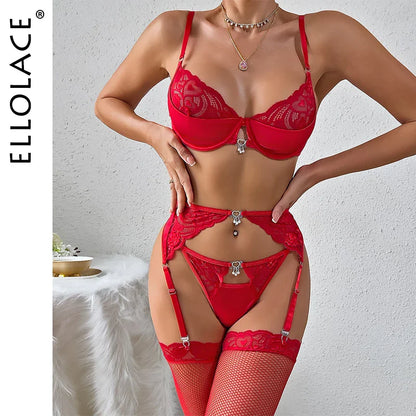 Ellolace Valentine Lingerie Red Lace Female Slip Underwear Silk Delicate Pendant Sexy Outfits For Woman Garter Intimate Stocking