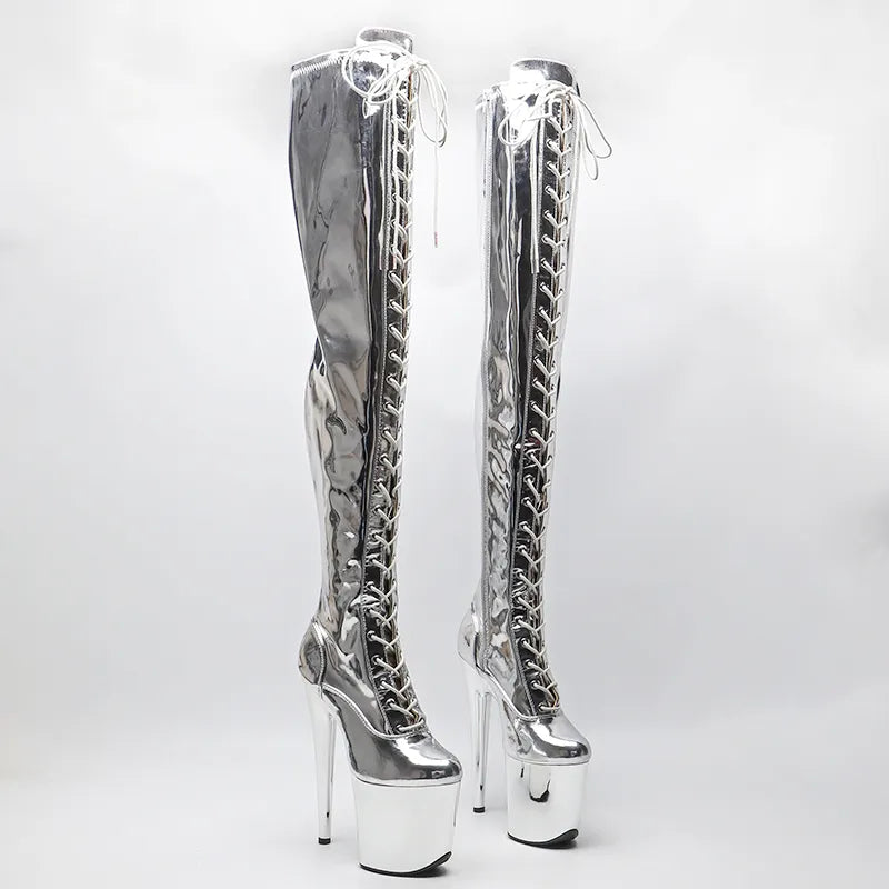 20CM/8inches Shiny PU  Upper Exy Exotic Young Trend Fashion  Boots High Heel  Electroplate  Platform Pole Dance Boot