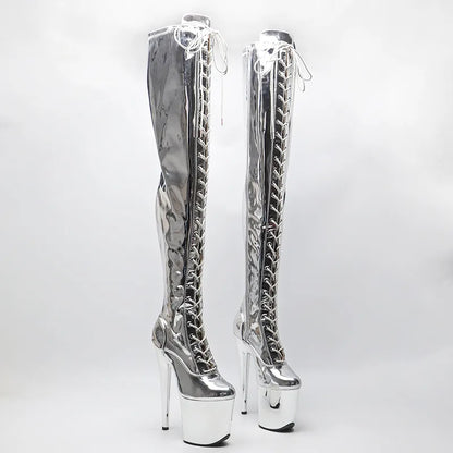 20CM/8inches Shiny PU  Upper Exy Exotic Young Trend Fashion  Boots High Heel  Electroplate  Platform Pole Dance Boot