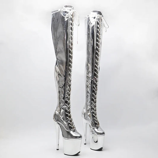 20CM/8inches Shiny PU  Upper Exy Exotic Young Trend Fashion  Boots High Heel  Electroplate  Platform Pole Dance Boot