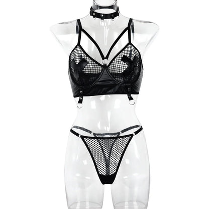 Ellolace Fishnet Lingerie For Sexual Woman Synthetic Porn Erotic Costume Transparent Underwear Tulle Bra Panties Fantasy Outfits