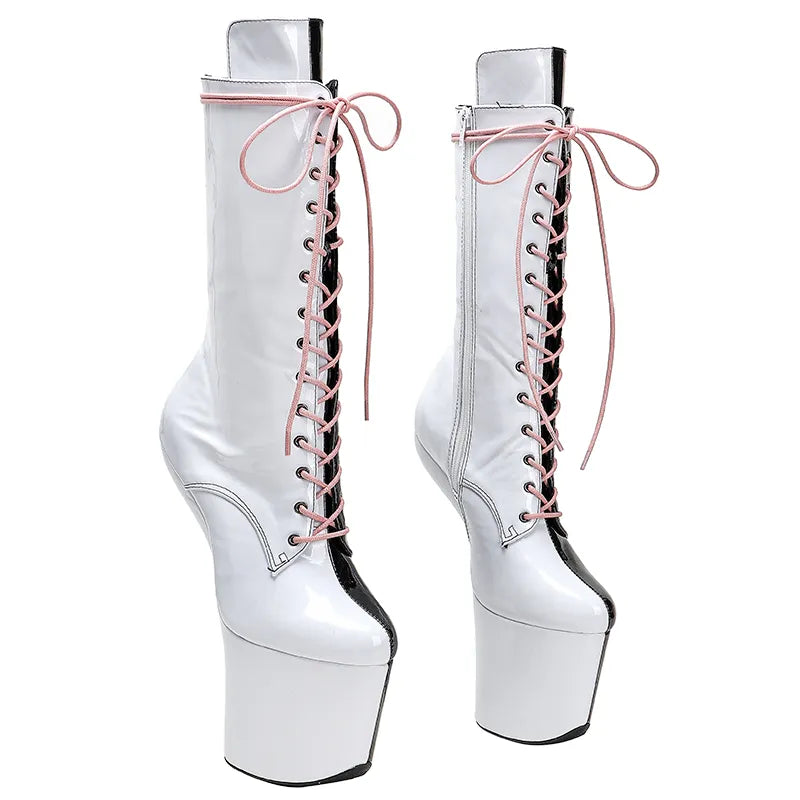 Patent PU Upper  Black with white color Platform Ankle Boots y Exotic heelless pole dance shoes