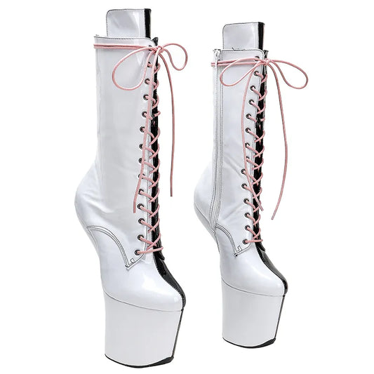 Patent PU Upper  Black with white color Platform Ankle Boots y Exotic heelless pole dance shoes
