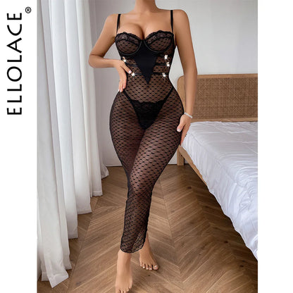 Ellolace Sexy Lace Long Dress Polka Dot See Through Babydoll Heart-Shaped Dresses Seductive Sexy Outfits Attractive Bilizna Set