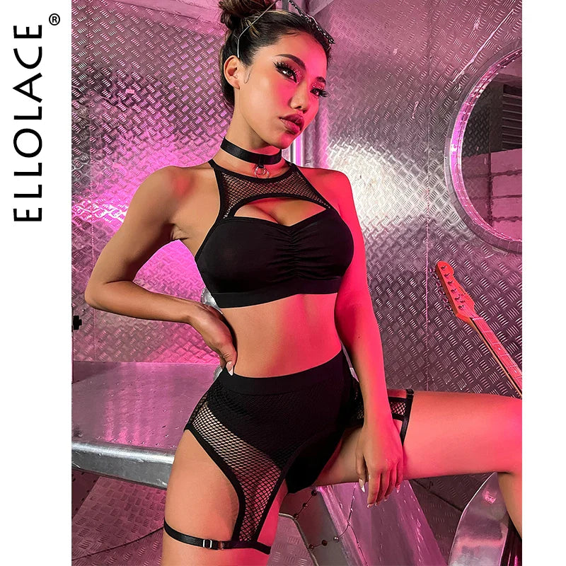Ellolace Sexy Female Lingerie Fishing Net Patchwork Women's Underwear 4-Pieces Fancy Intimate Bra And Panty Garters Exotic Sets