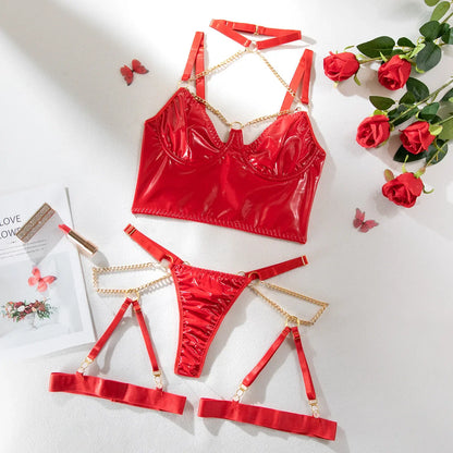 Ellolace Leather Fetish Lingerie With Chain Exotic Hot Sexy Bilizna Set Halter Bra Kit Push Up Latex Red Sensual Intimate