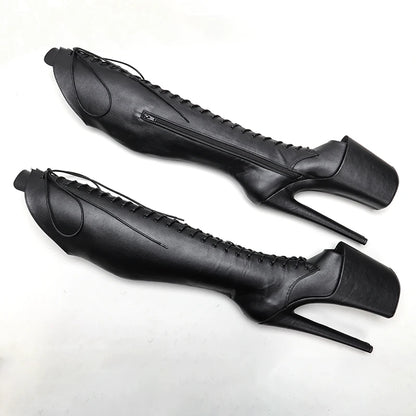 23CM/9inches  matte PU upper y boots Open Toe High Heels Platform Pole Dance shoes  knee high boots  5B