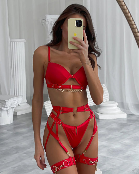 Lencería Fina y Ropa Interior Elegante Conjuntos De Lujo Delicados De 5 Piezas Con Conjunto De Sujetador Y Bragas De Cadena Ligueros Íntimos 