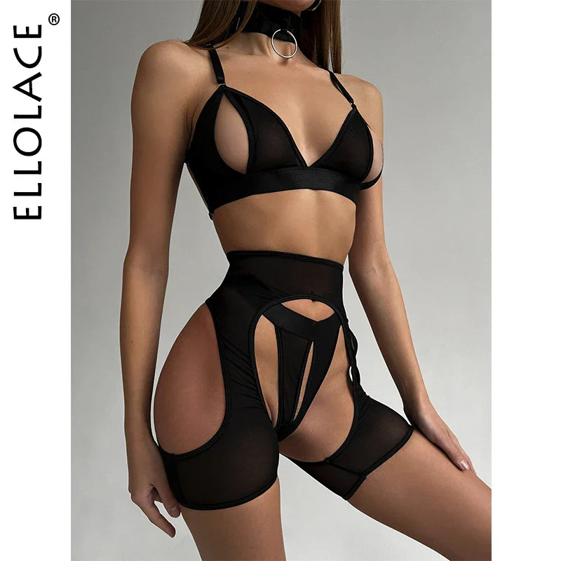 Ellolace Sensual Lingerie Open Bra Exotic Sets 4-Piece Sissy Crotchless Tulle Underwear Erotic Pron Bilizna Sets Fantasy Outfits