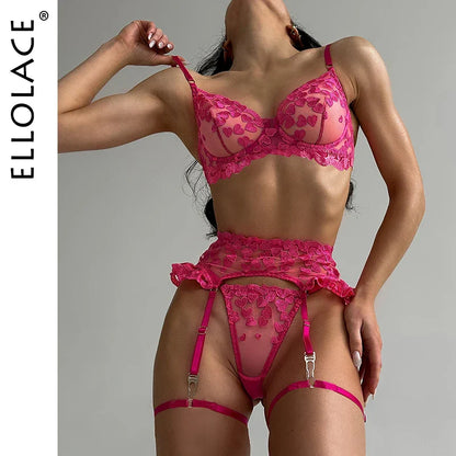 Ellolace Fancy Lingerie Heart-Shaped Embroidery Underwear Ruffle Garter Brief Sets See Through Luxury Lace Fairy Intimate
