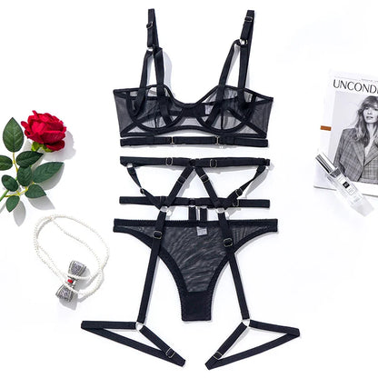 Ellolace Sheer Lace Lingerie Bandage Transparent Erotic Underwear 3-Piece Bilizna Set Underwire Bra Garters Briefs Sexy Intimate