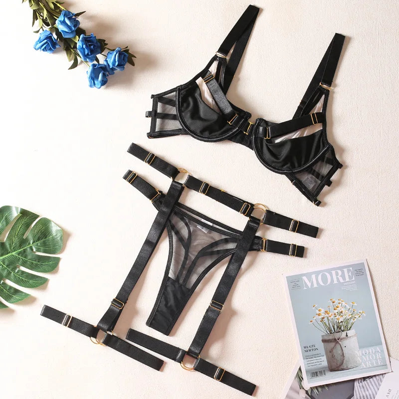 Sensual Lingerie  Transparent Bra Lace Thongs 5-Piece  Delicate Underwear Uncensored Exotic Sets With Garters