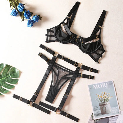 Sensual Lingerie  Transparent Bra Lace Thongs 5-Piece  Delicate Underwear Uncensored Exotic Sets With Garters