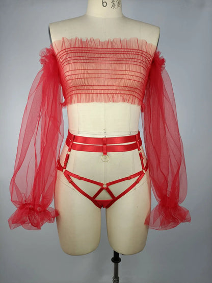 Sheer Mesh Off Shoulder Lingerie Sets Crotchless   Outfits Uncensored Long Sleeve Transparent  Intimate