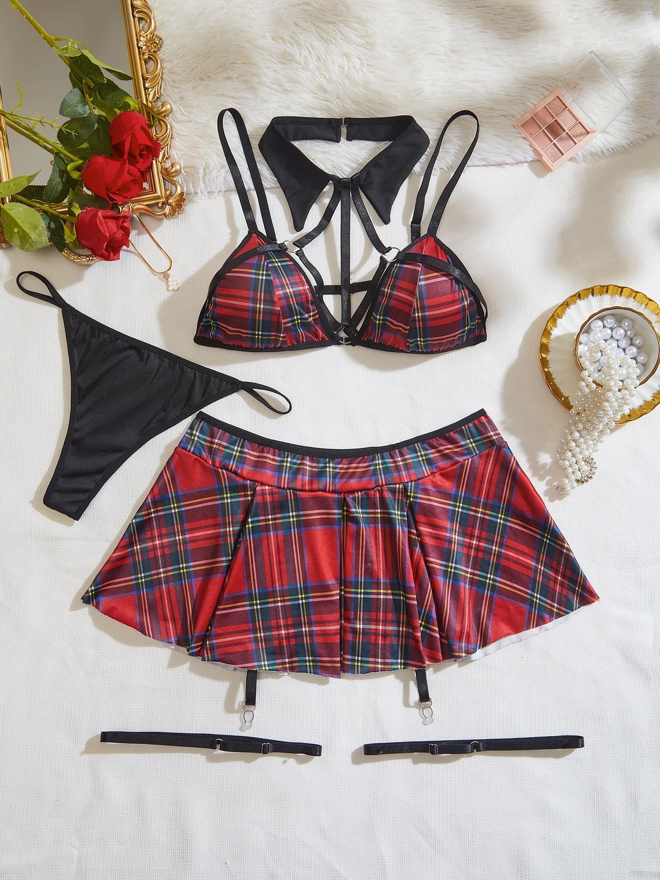 Ellolace Plaid Erotic Lingerie For Full 6-Piece Intimate Goods Onlyfans Outfit Sissy Mini Skirt G-string Exotic Sets