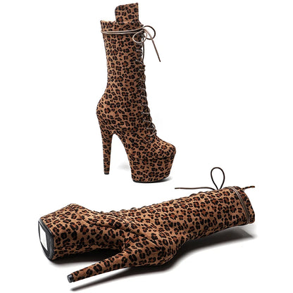 Leopard suede materials 17CM/7inches Pole dancing shoes High Heel platform Boots closed toe Pole Dance boots