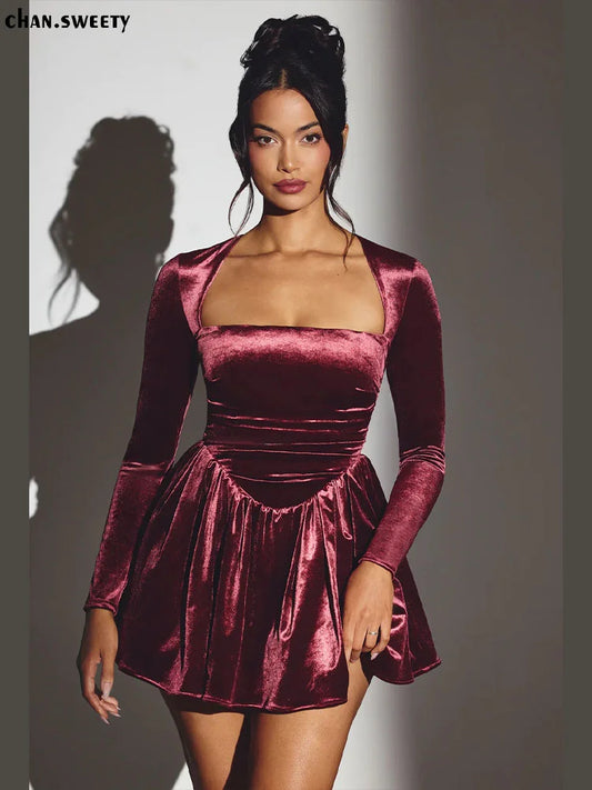 Elegant Velvet Mini Dress Women Sexy Long Sleeve Bodycon A-lime dresses Vintage Slim Fit Luxury Party Evening Short Vestidos