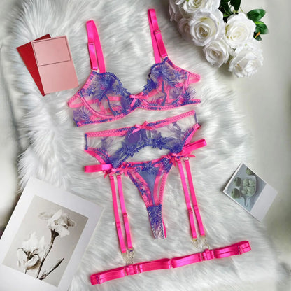 Ellolace Pink Fancy Lingerie Floral Luxury Lace See Through Underwear Sensual Garter Belt Set Contrast Color Fairy Outfit