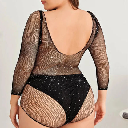 Plus Size   Lingerie Bling Rhinestone Fishnet Bodysuit Transparent Dress Women Mesh Tights Exotic  Outfits For