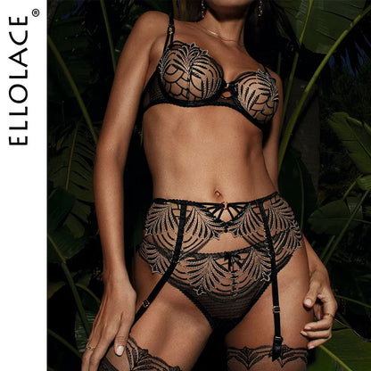 Ellolace Luxury Lingerie Sexy Woman Push Up Transparent Underwear Erotic See Through Embroidered Fancy Intimate Garter Bilizna
