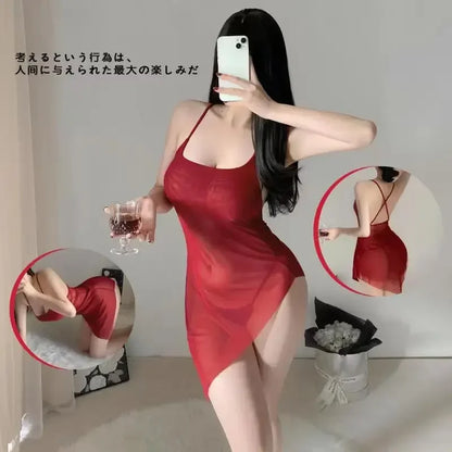 Lingerie en dentelle pour femmes, robe fendue en V profond, vêtements de nuit transparents, body pour femmes, robes courtes de Club de fête 
