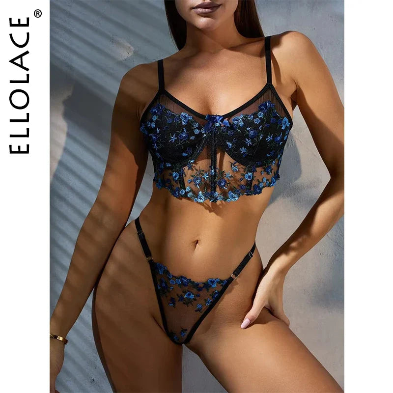 Ellolace Delicate French Underwear Fairy Floral Lingerie Sexy Lace Outfits See Through Exotic Sets Embroidery Romantic Set