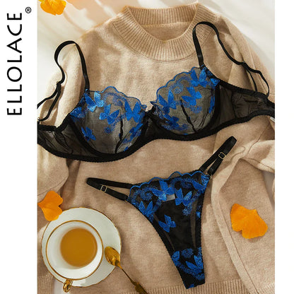 Ellolace Fancy Betterfly Lingerie Cobalt Contrast Color Sexy Outfits For Woman See Through Tulle Sissy Intimate