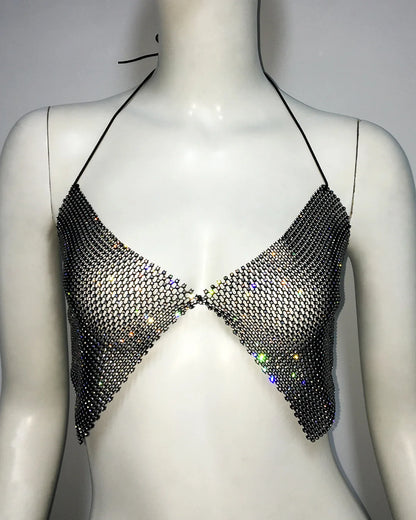 Woman Tops Brilliant Crystal Rhinestone Bra Women 2024 Sexy Deep V Neck Halter Backless Night Club Diamond Bras Top For Lady