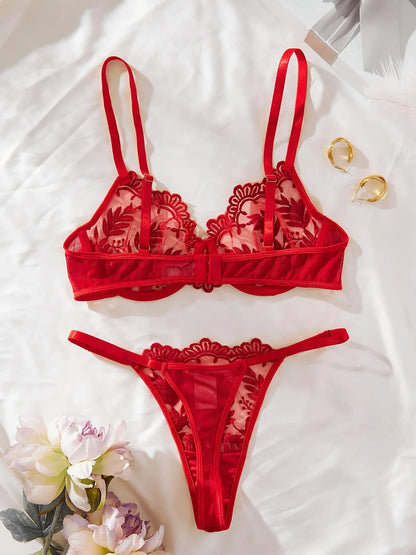 Ellolace Erotic Lingerie With Lace Transparent Embroidered Sexy Costumes Uncensored Wedding Intimate Push Up Bra 2-Piece Set