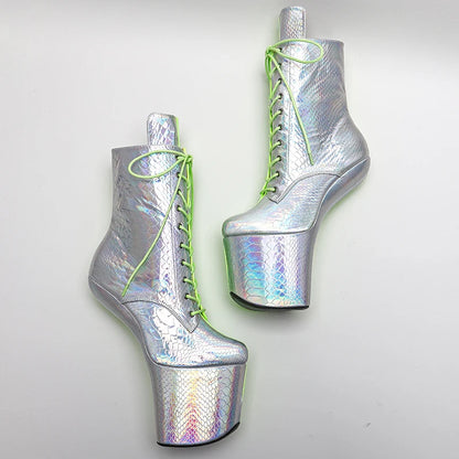 PU Upper  Silver with green color Platform Ankle Boots y Exotic heelless pole dance shoes