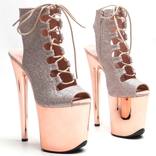 20CM/8inches Glitter  Upper  Fashion trend y  Open toe Champagne  electroplate  High Heel   platform Pole Dance boot