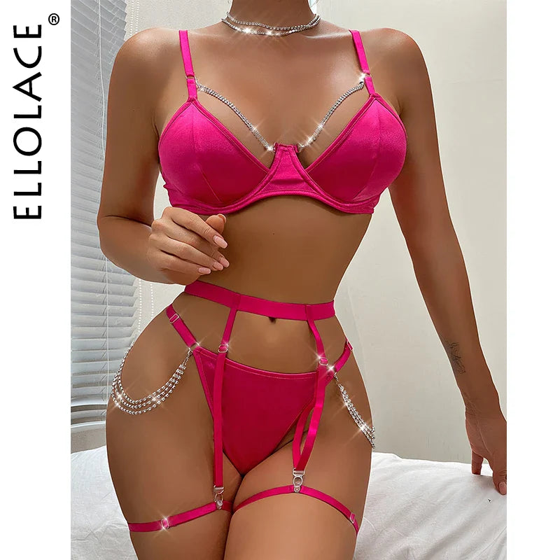 Ellolace Silk Lingerie Luxury Rhinestone Underwear 4-Pieces Push Upp Exotic Sets Garters Pink Underwire Bra And Panty Set