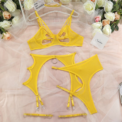 Sexy Cut Out Bra Lingerie Sensual Fancy Underwear Garters Briefs Sets G-String Thongs Lace Yellow  Intimate