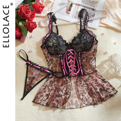 Ellolace Leopard Dress Sissy Babydoll Erotic Lingerie Lace Sleepwear G-String Sex Suit Neon Lace Up Super Sexy Night Dresses