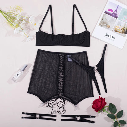 Lingerie soutien-gorge ouvert jarretière intime sensuelle culotte sans entrejambe dentelle transparente ensemble Bilizna non censuré 