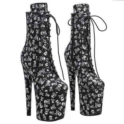 20CM/8inches Skull pattern Super High Heel Pole Dancing Ankle Boots Lacing  Fashion Club Stage Performance High Heel 3B
