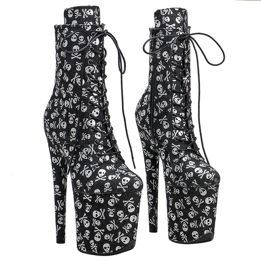 20CM/8inches Skull pattern Super High Heel Pole Dancing Ankle Boots Lacing  Fashion Club Stage Performance High Heel 3B