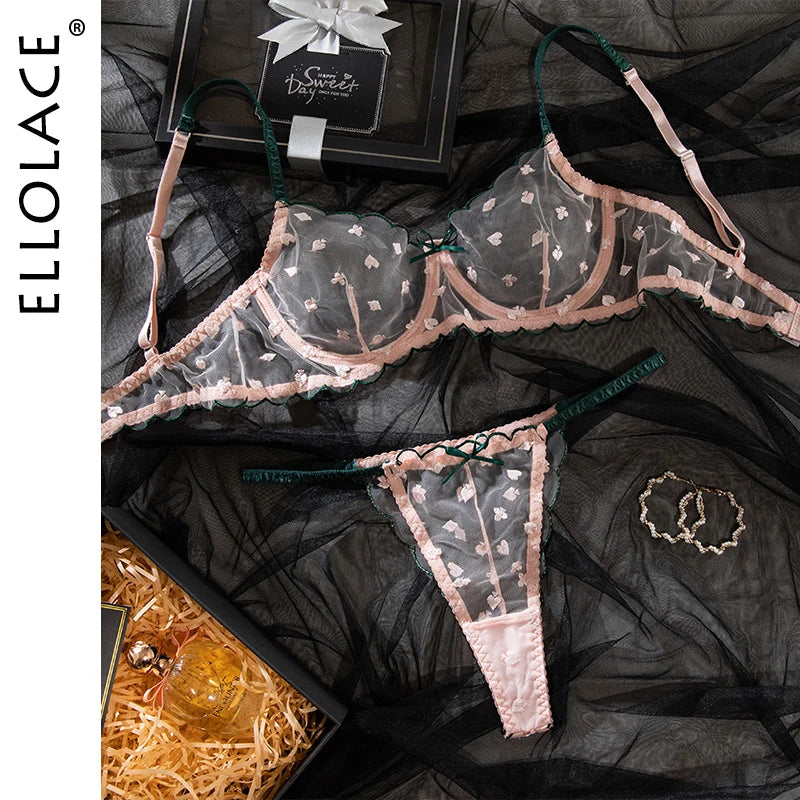 Ellolace Heart Sensual Lingerie Transparent Lace Sexy Push Up Onlyfans Kits Underwear Set Seamless Contrast Color Exotic Sets