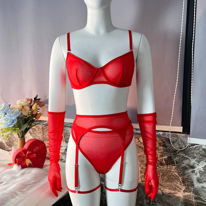 Ellolace Seamless Lingerie With Long Gloves Lace Seamless Underwear Intim Goods Sexy Outfits See Through Bra And Panty Set