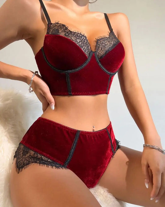 Velvet Lingerie Fantasy Underwear Women Seamless Intimate Set Lace Patchwork  Panties Bra Burgundy Brazilian Outfit