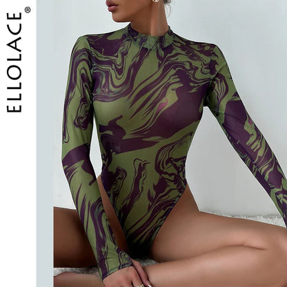 Ellolace Tie Dye Sexy Body Woman 2024 Long Sleeve One Piece Girl Body Seamless Sissy Tops Crotchless Tight High Cut Ladies Cloth