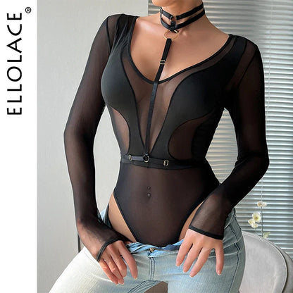 Ellolace Transparent Lace Bodysuit Long Sleeve Sexy Tops One Pieces Women's Bodice Youthful Sissy Halter Skin Mesh Black Body