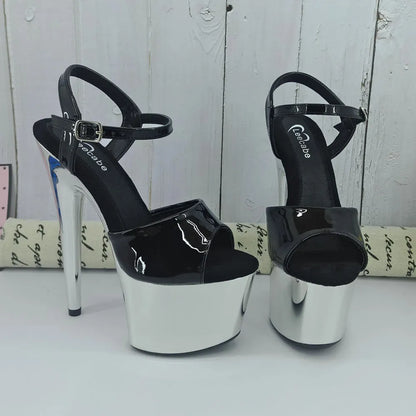 Shinny Silver Color 17CM/7Inch Beige Women's Platform Sandals  party High Heels Shoes Pole Dancing Shoes
