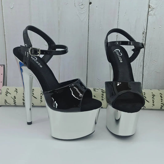 Shinny Silver Color 17CM/7Inch Beige Women's Platform Sandals  party High Heels Shoes Pole Dancing Shoes